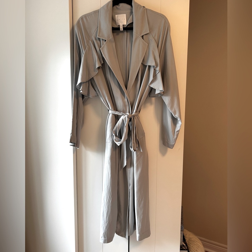 Light blue Leith trench coat with ruffles